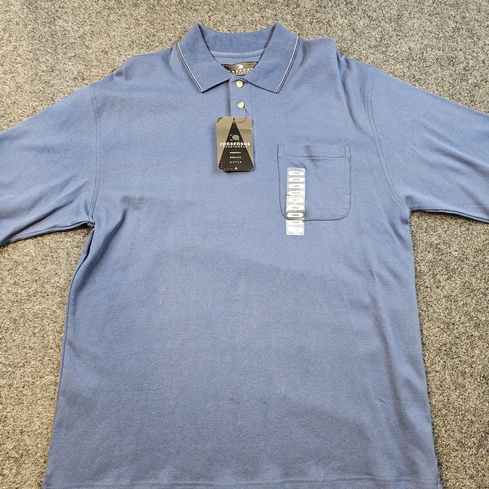 Consensus Sportswear Mens Large Blue Polo Shirt Pocket Short Sleeve Cotton NWT